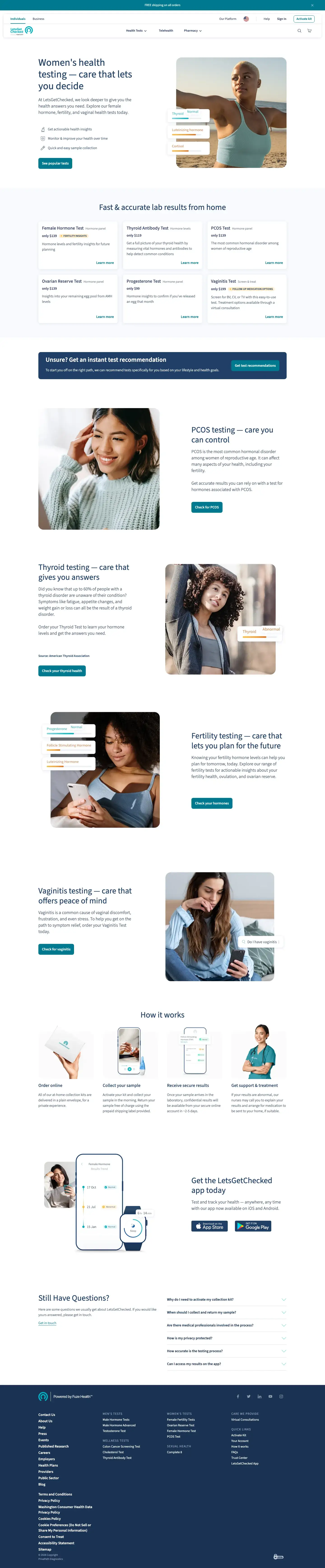letsgetchecked.com Women's health page: PCOS, thyroid, fertility and vaginitis tests
