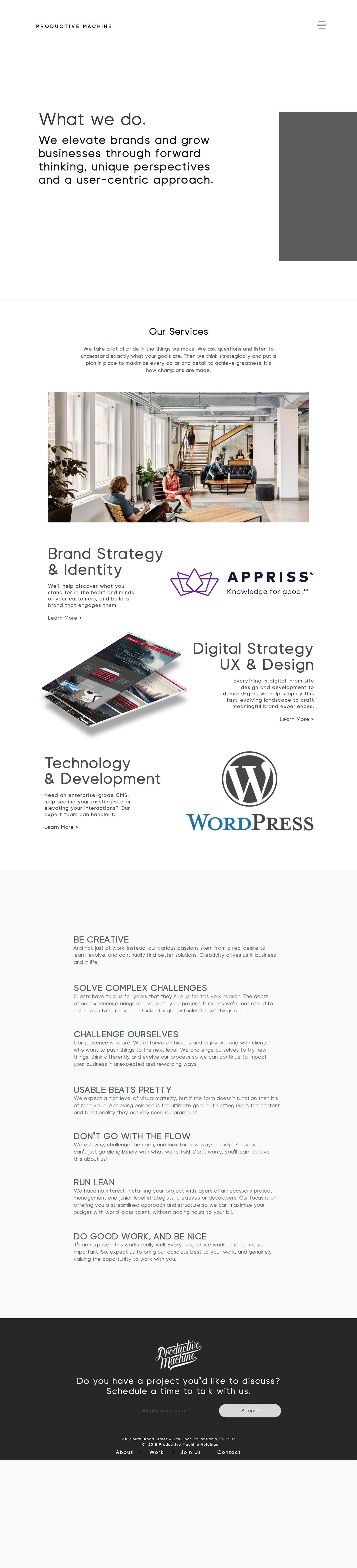 Productive Machine website concept, about page, version A