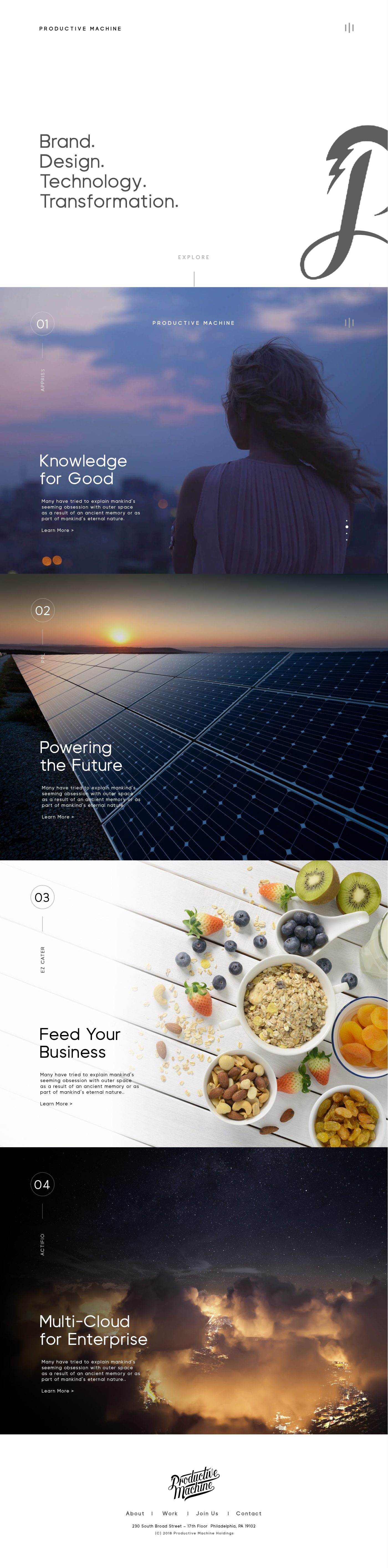 Productive Machine website concept, homepage, light