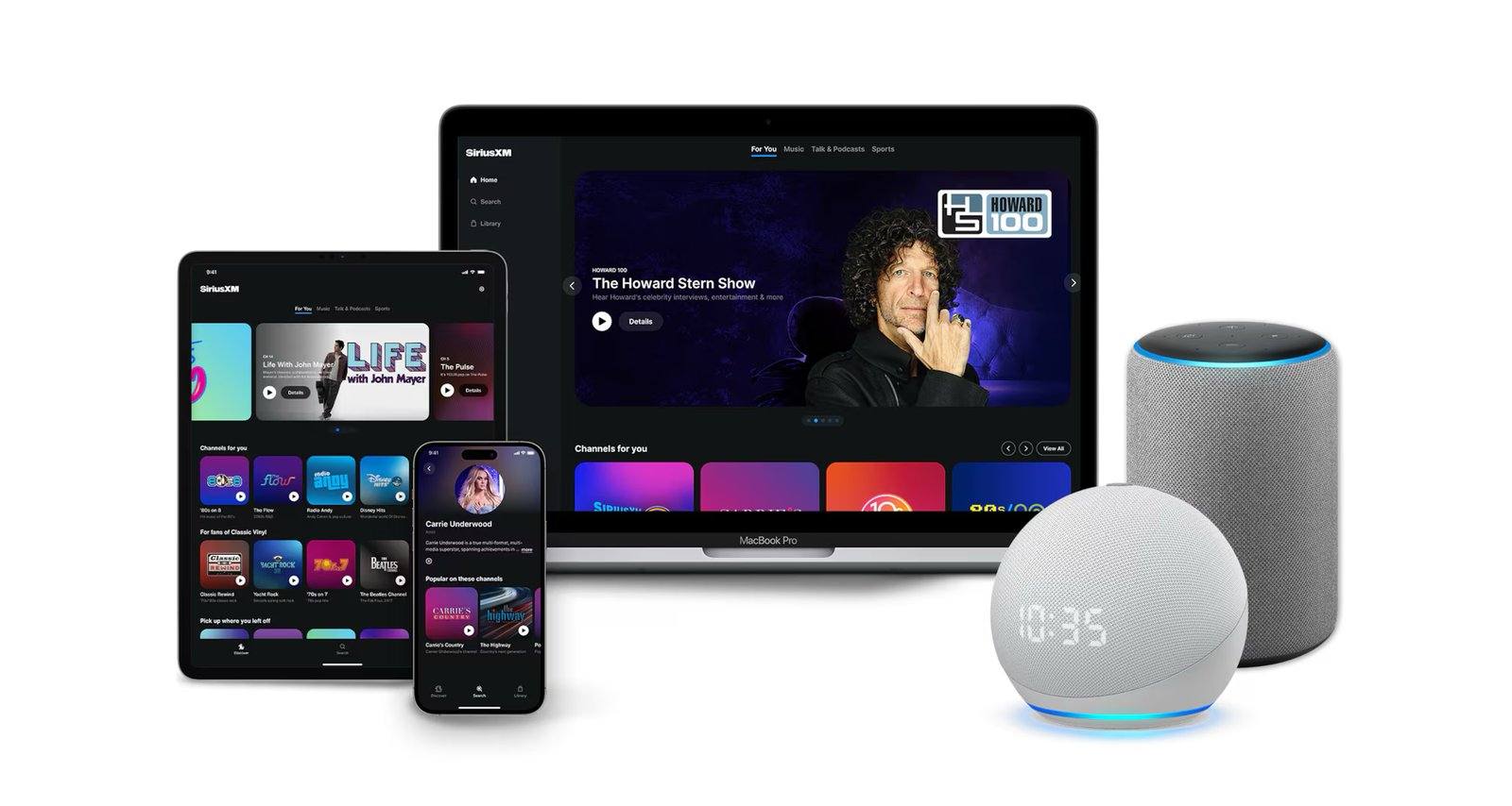The SiriusXM app across tablet, laptop, phone and smart speakers