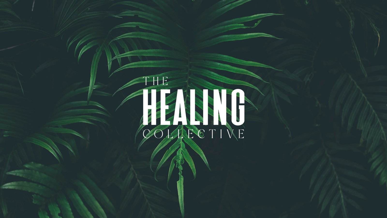 The Healing Collective wordmark in white over dark green fern leaves
