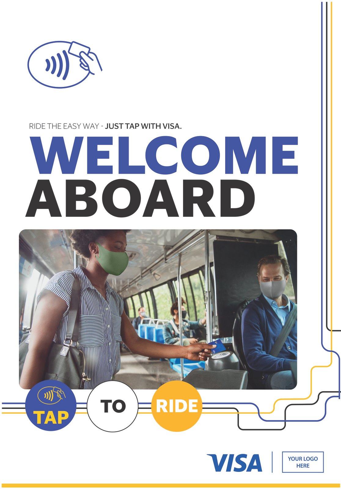 Visa poster, the redone card: Welcome aboard, a rider tapping to board a bus, with route lines and the Tap to Ride sequence